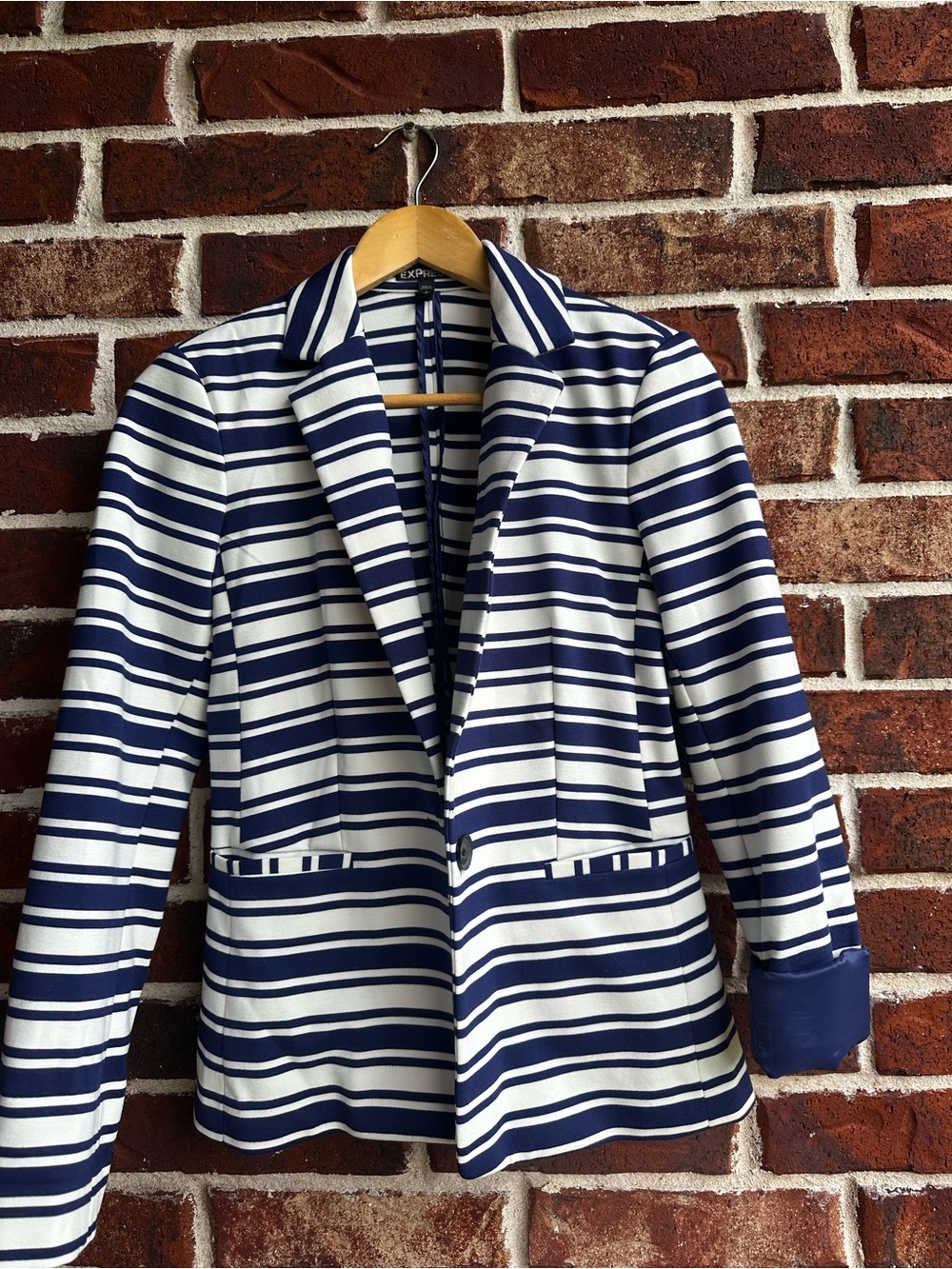 Express Navy and White Striped Crewneck Top
